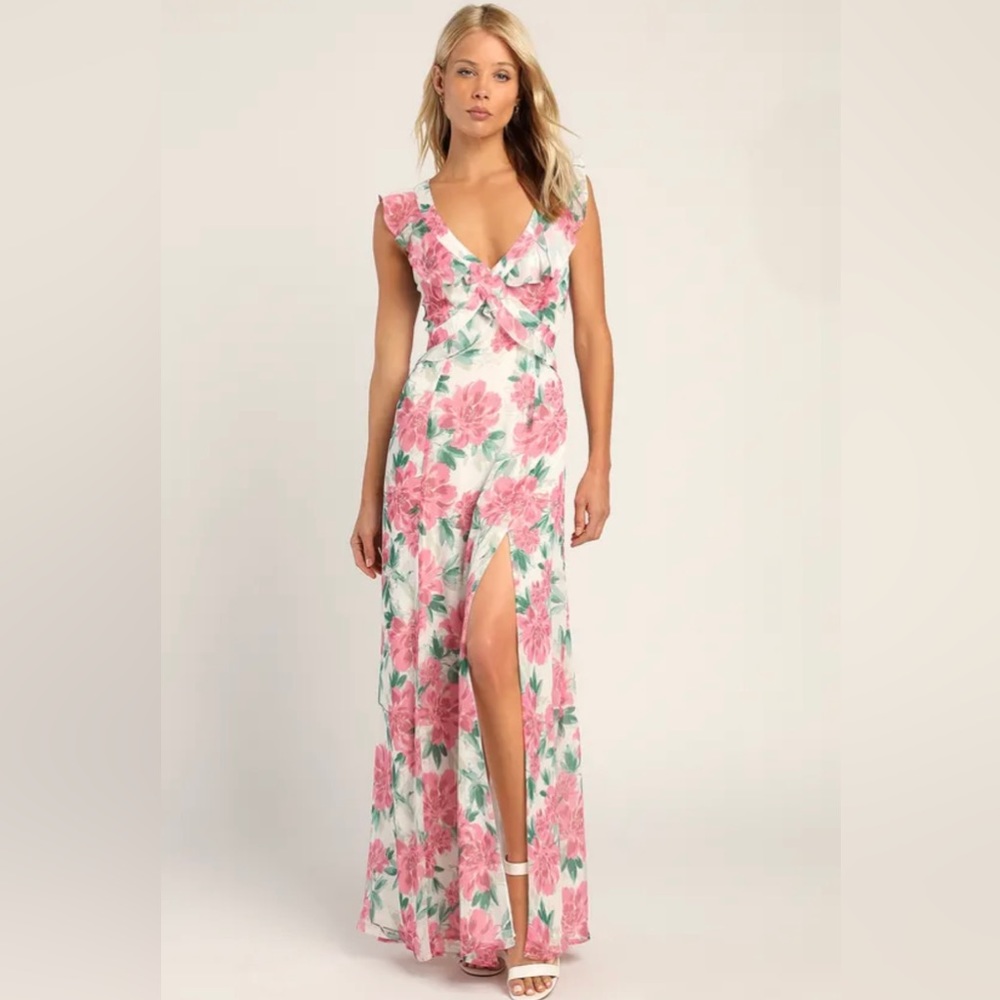 Lulu’s | Sensational Spring White Floral Print Ruffled Maxi Dress